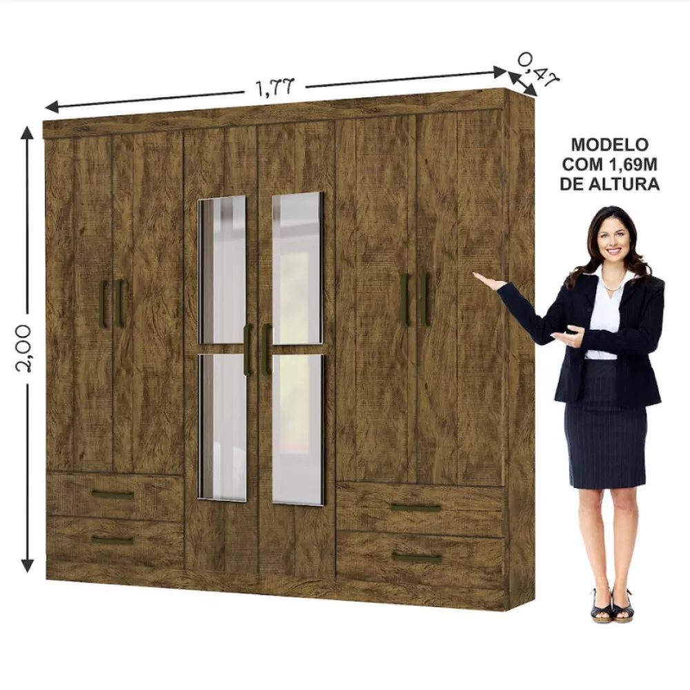 Guarda Roupa Casal Lu 6 Portas 4 Gavetas Com Espelho Carioca Móveis