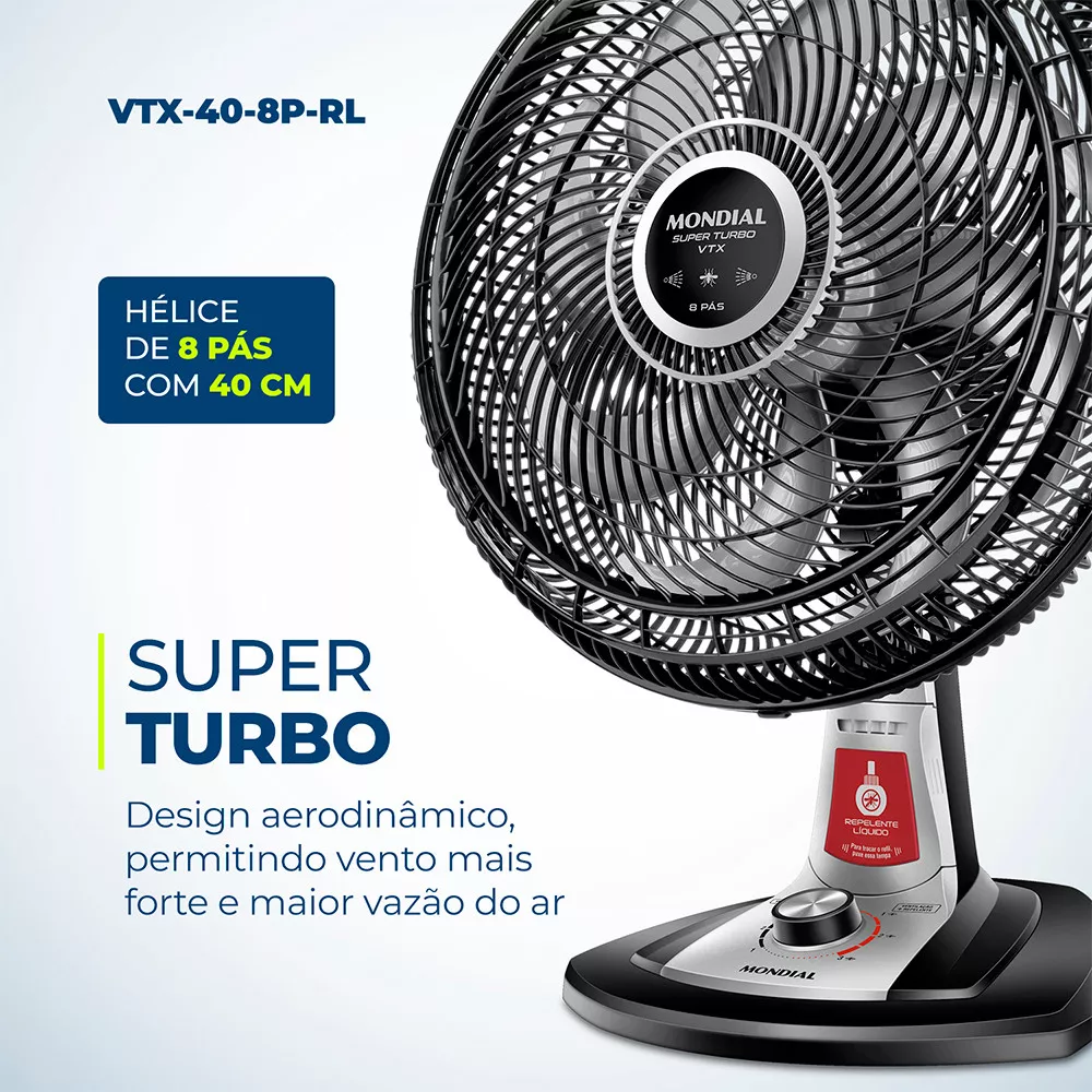 Ventilador de Mesa 40cm Mondial VTX-40-8P-RL Turbo 8 Pas Repelente Liquido
