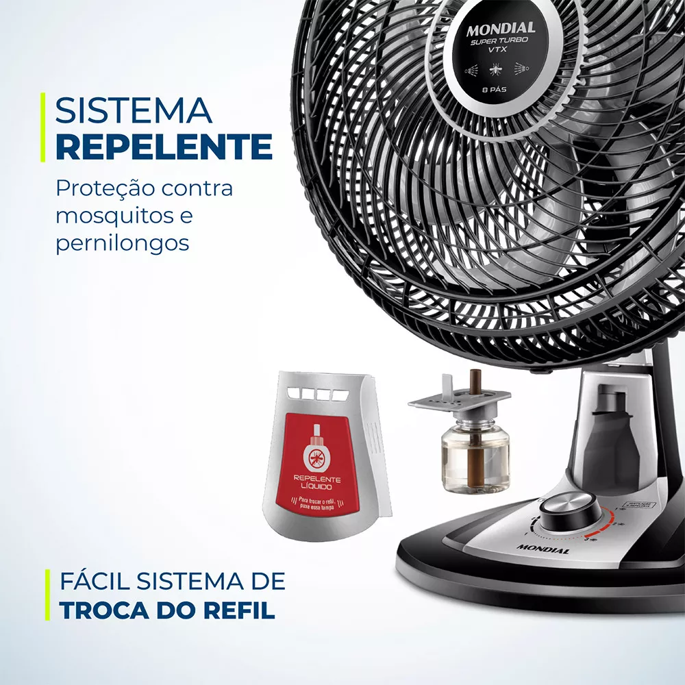 Ventilador de Mesa 40cm Mondial VTX-40-8P-RL Turbo 8 Pas Repelente Liquido