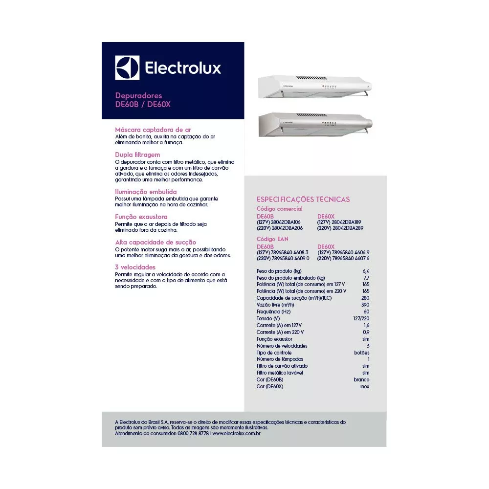 Depurador de Ar 4 Bocas 3 Velocidades Electrolux DE60B