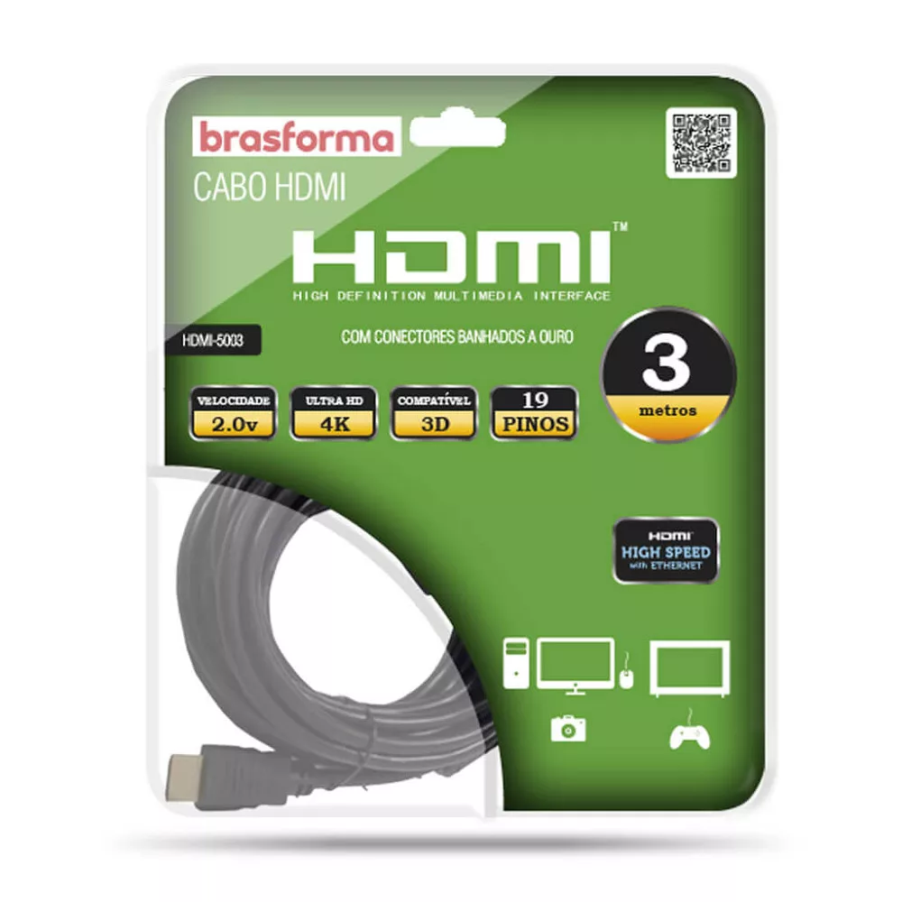 Image 1 of 2 of Cabo HDMI de Alta Definicao 2.0 com 3m - Brasforma HDMI5003