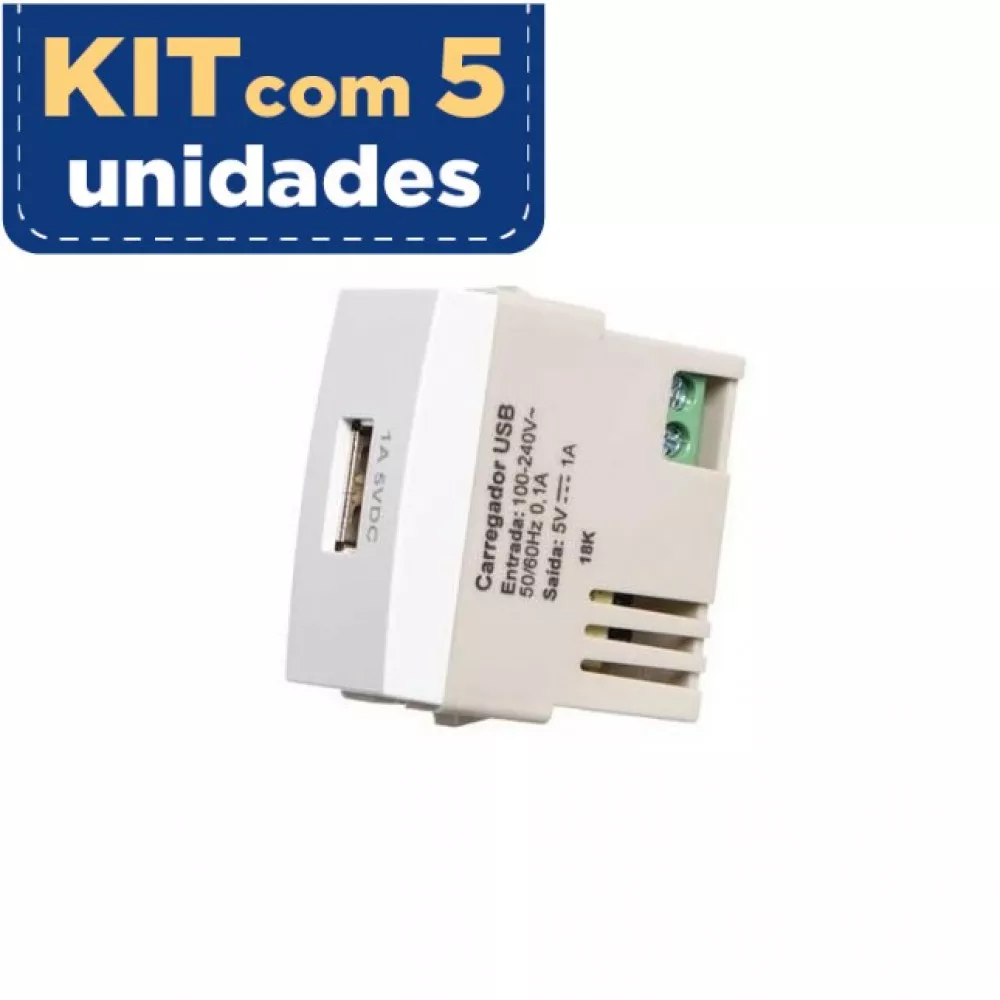 Kit Com 5 Sleek Modulo Tomada Carregador Usb 1a Coment Bivolt