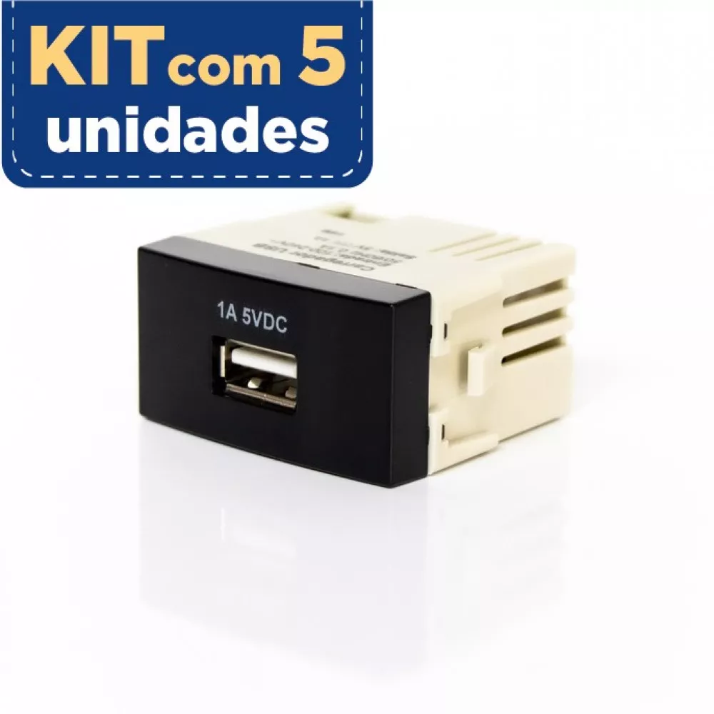 Kit Com 5 Sleek Ebony Modulo Tomada Carregador Usb Coment Bivolt