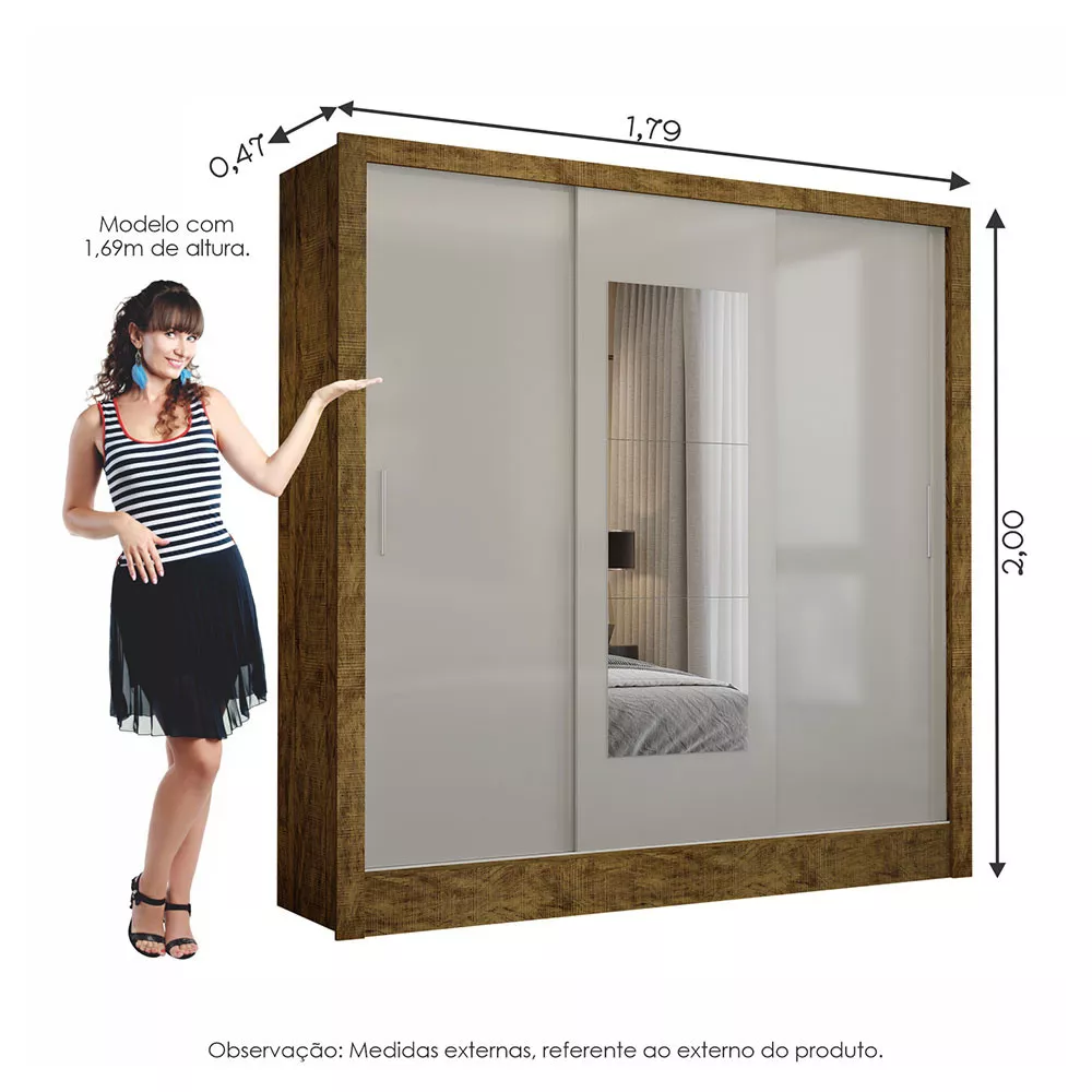 Image 6 of 8 of Guarda Roupa Casal Fortaleza 3 Portas Com Espelho Carioca Móveis