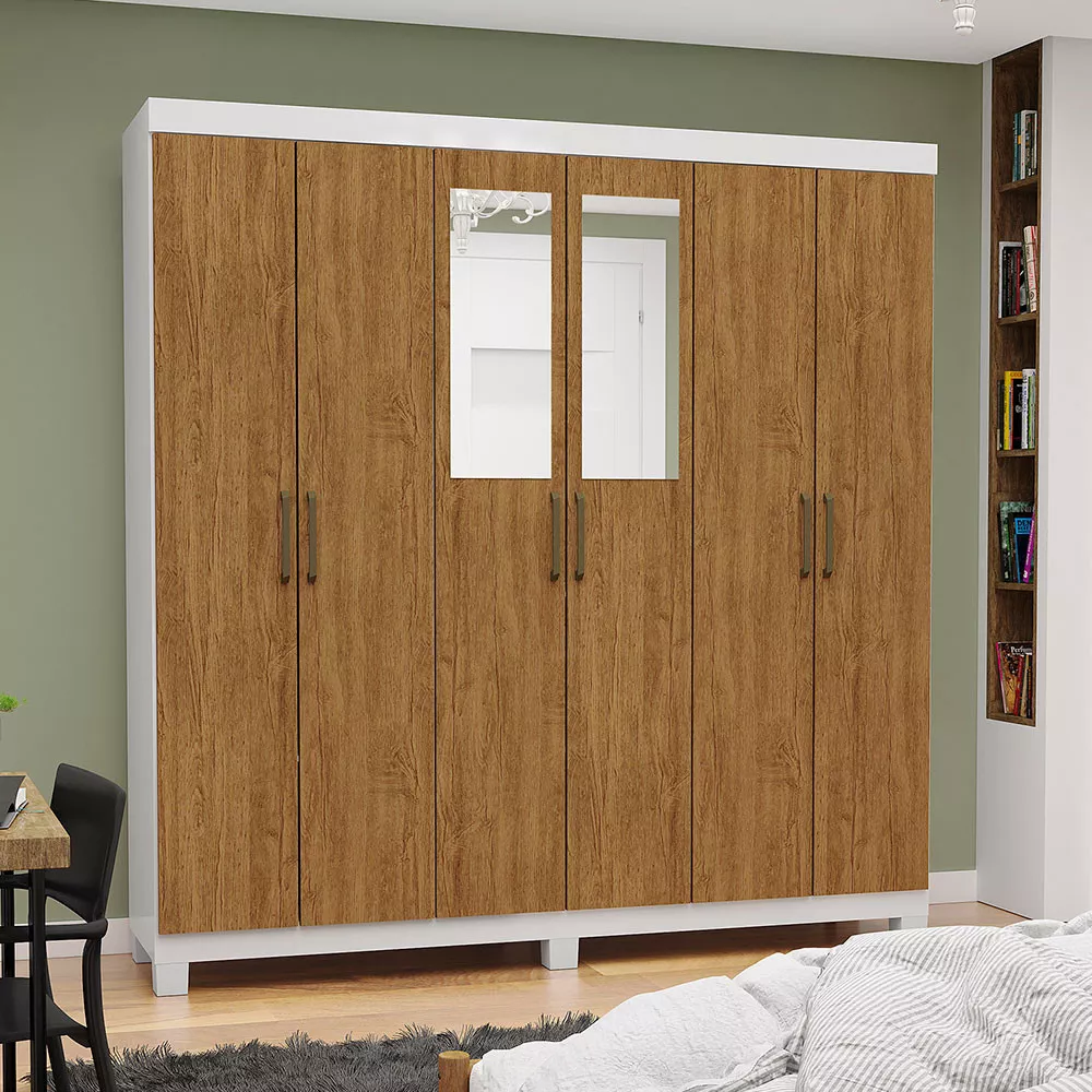Guarda Roupa R22 6 Portas 2 Gavetas Com Espelho e Pés Carioca Móveis