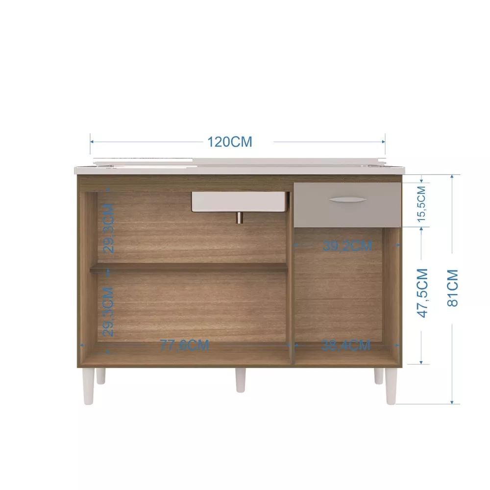Balcão de Pia 3 Portas 1 Gaveta sem Pia A434 Poquema