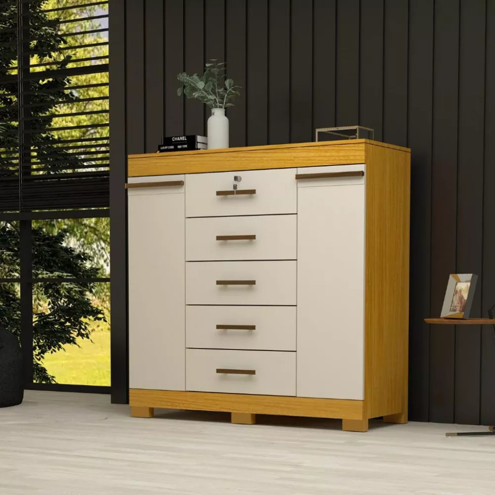 Cômoda 5 Gavetas 2 Portas com Pés Diana 100 MDF ACP Móveis
