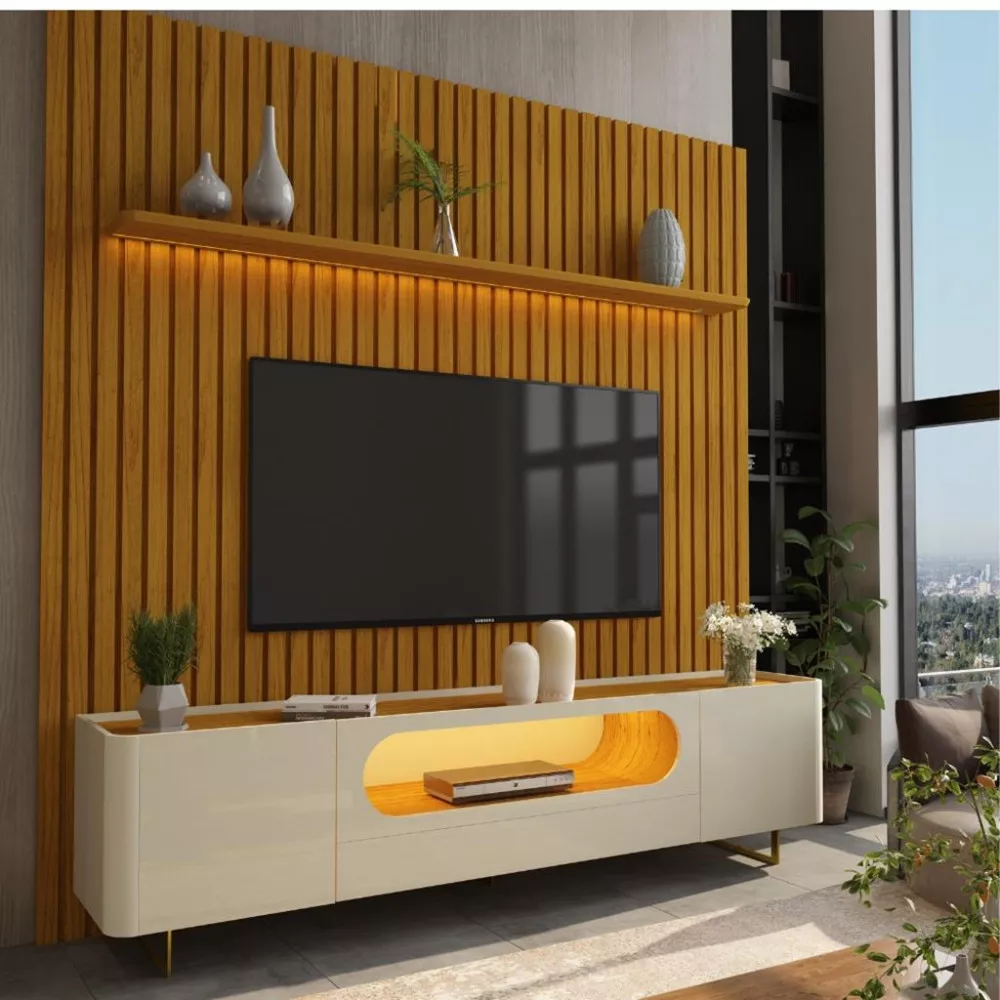 Rack com Painel para TV de Até 85 Polegadas 2 Portas 1 Gaveta LED Com Pés de Ferro Nobre Nobre Gelius