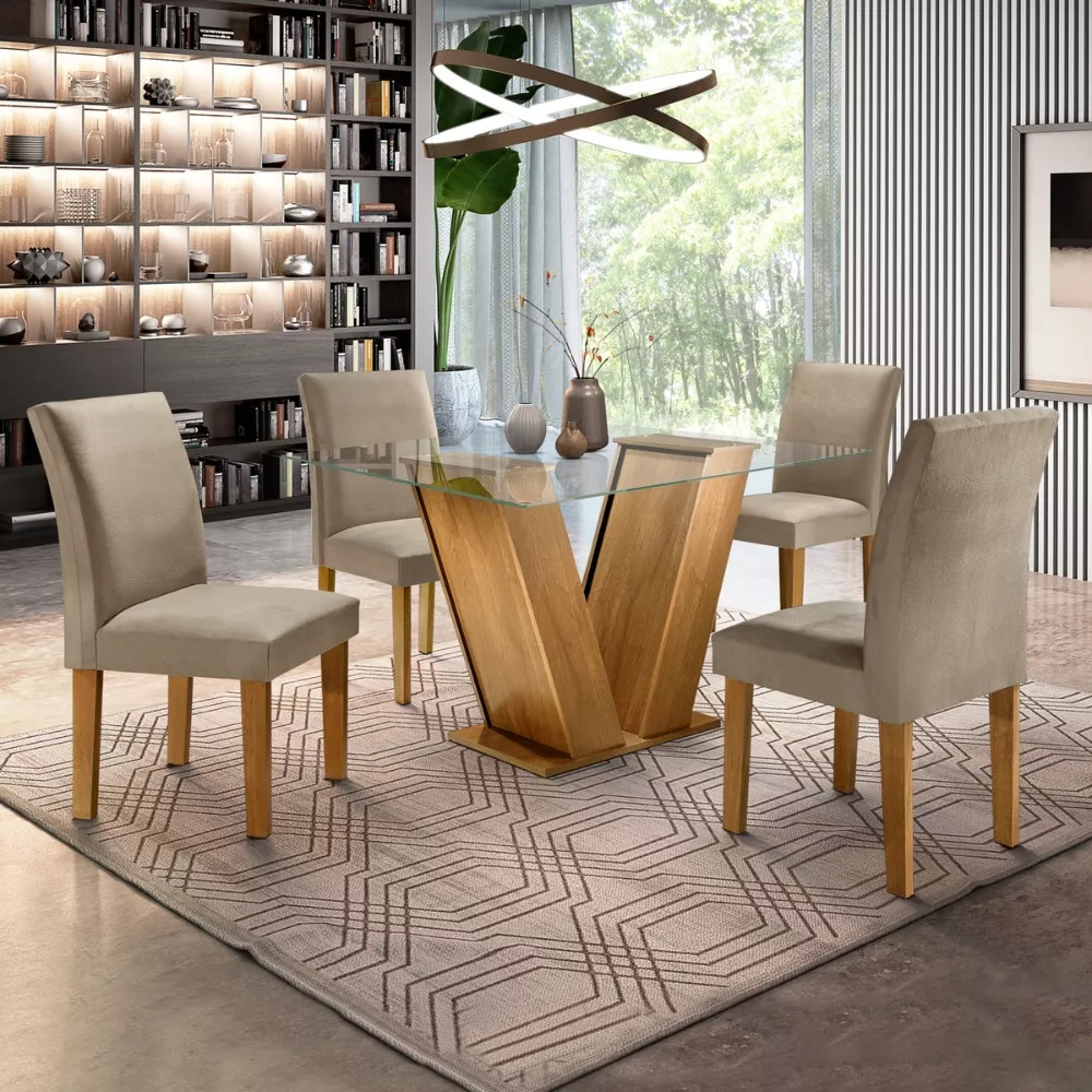 Conjunto Sala de Jantar Mesa Tampo de Vidro e 4 Cadeiras Classic Cel Móveis
