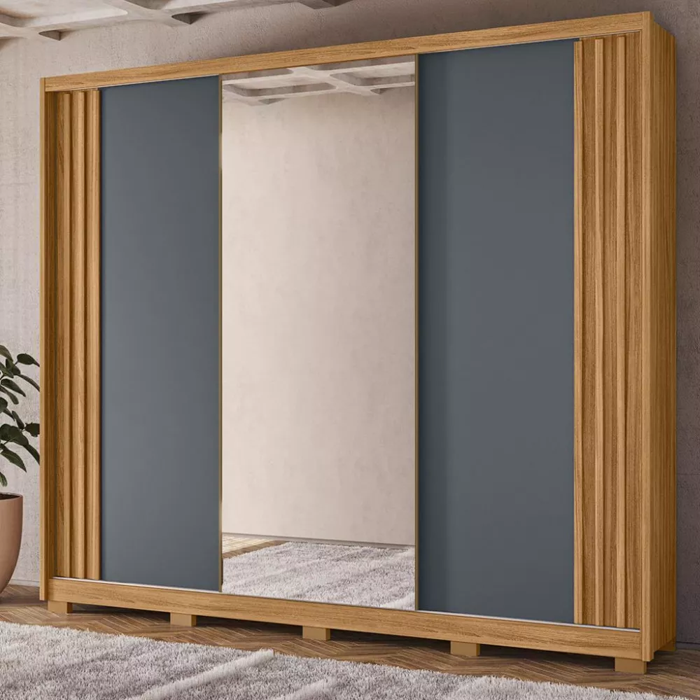 Guarda Roupa Casal Ripado com Espelho e Pés 3 Portas de Correr Arizona Moval