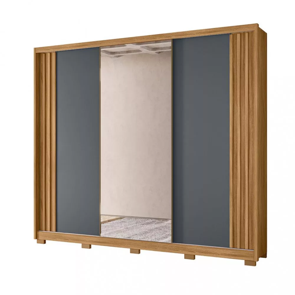 Guarda Roupa Casal Ripado com Espelho e Pés 3 Portas de Correr Arizona Moval