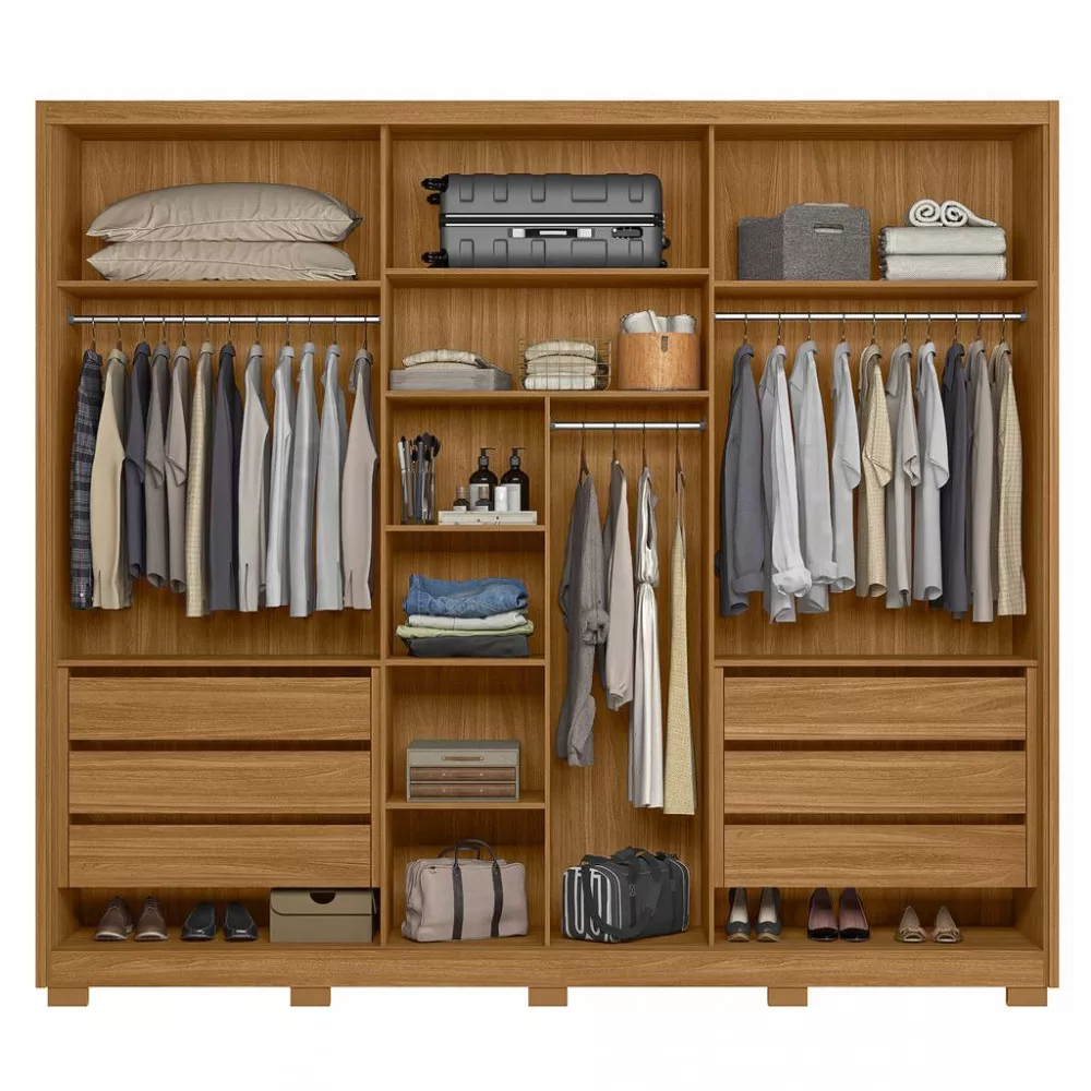 Guarda Roupa Casal Ripado com Espelho e Pés 3 Portas de Correr Arizona Moval