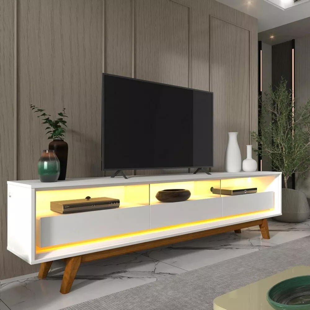 Rack para TV até 75 Polegadas com LED e Vidro 3 Gavetas com Pés Requinte 212 Gelius