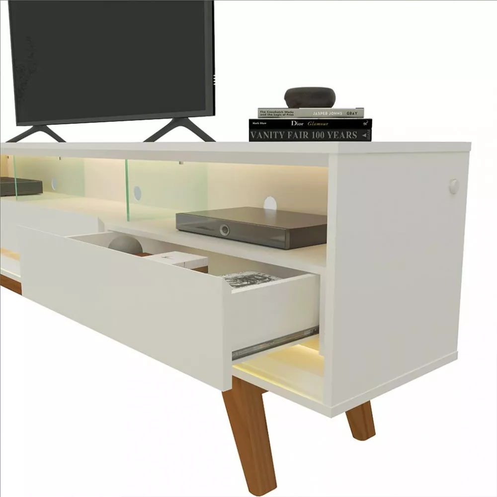 Rack para TV até 75 Polegadas com LED e Vidro 3 Gavetas com Pés Requinte 212 Gelius
