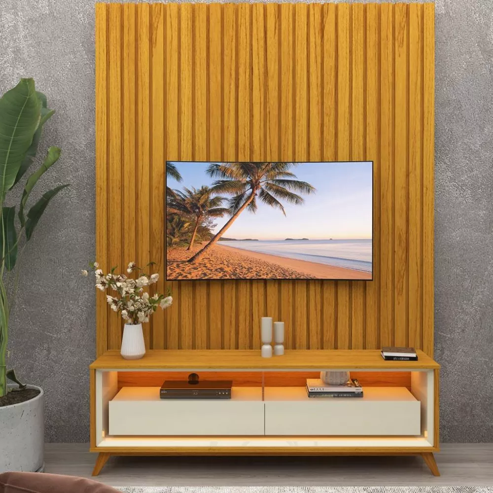 Rack com Painel para TV até 43 Polegadas 2 Gavetas Ripado LED com Pés Nobre Requinte Gelius