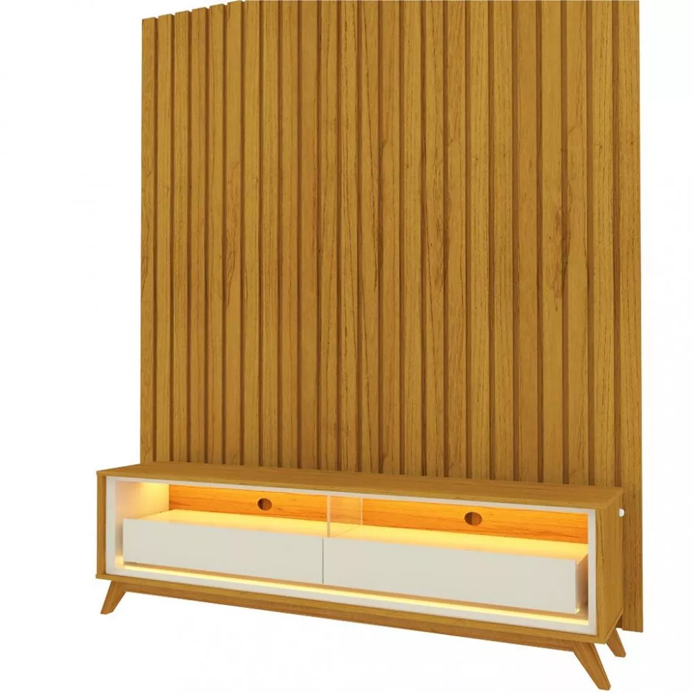 Rack com Painel para TV até 43 Polegadas 2 Gavetas Ripado LED com Pés Nobre Requinte Gelius