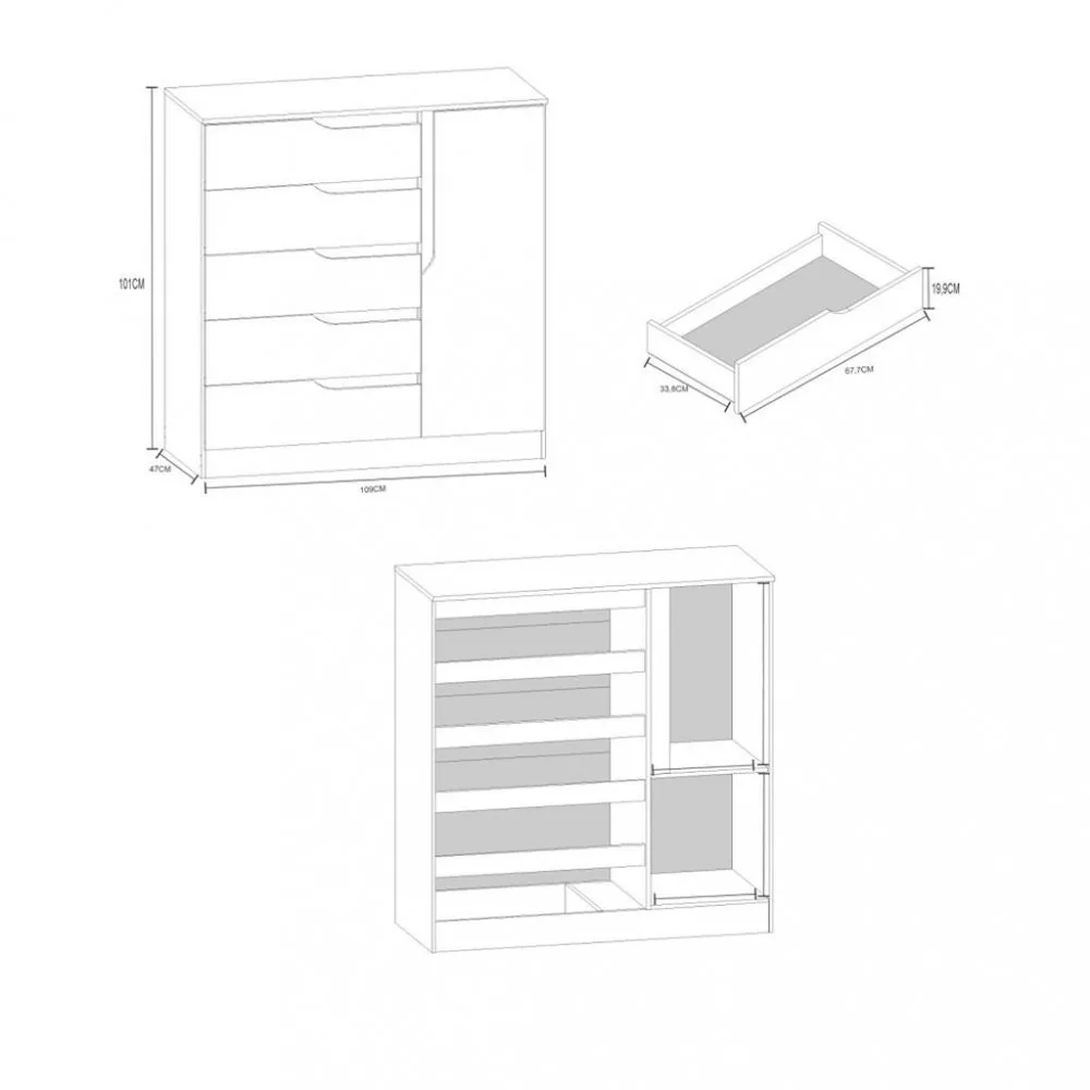 Cômoda 5 Gavetas 1 Porta Paris New Atualle