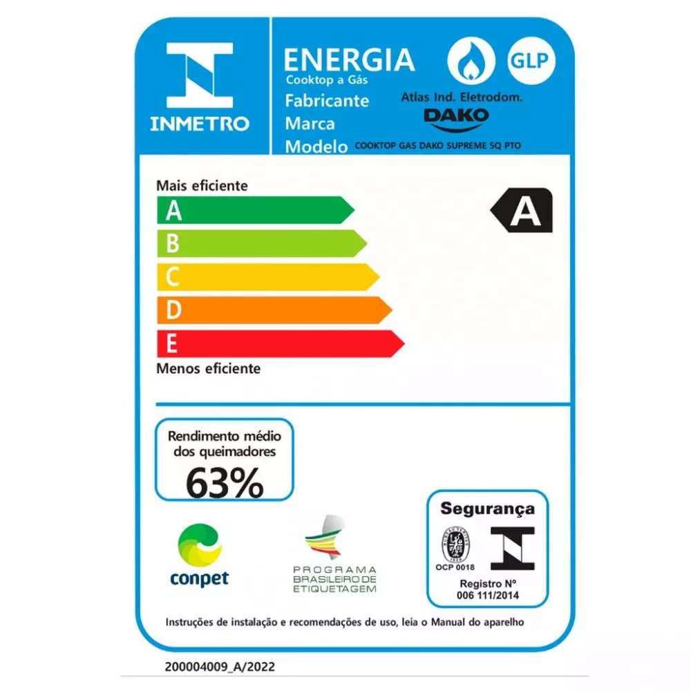 Cooktop Dako Supreme a Gás 5 Bocas Acendimento Automático e Tripla Chama