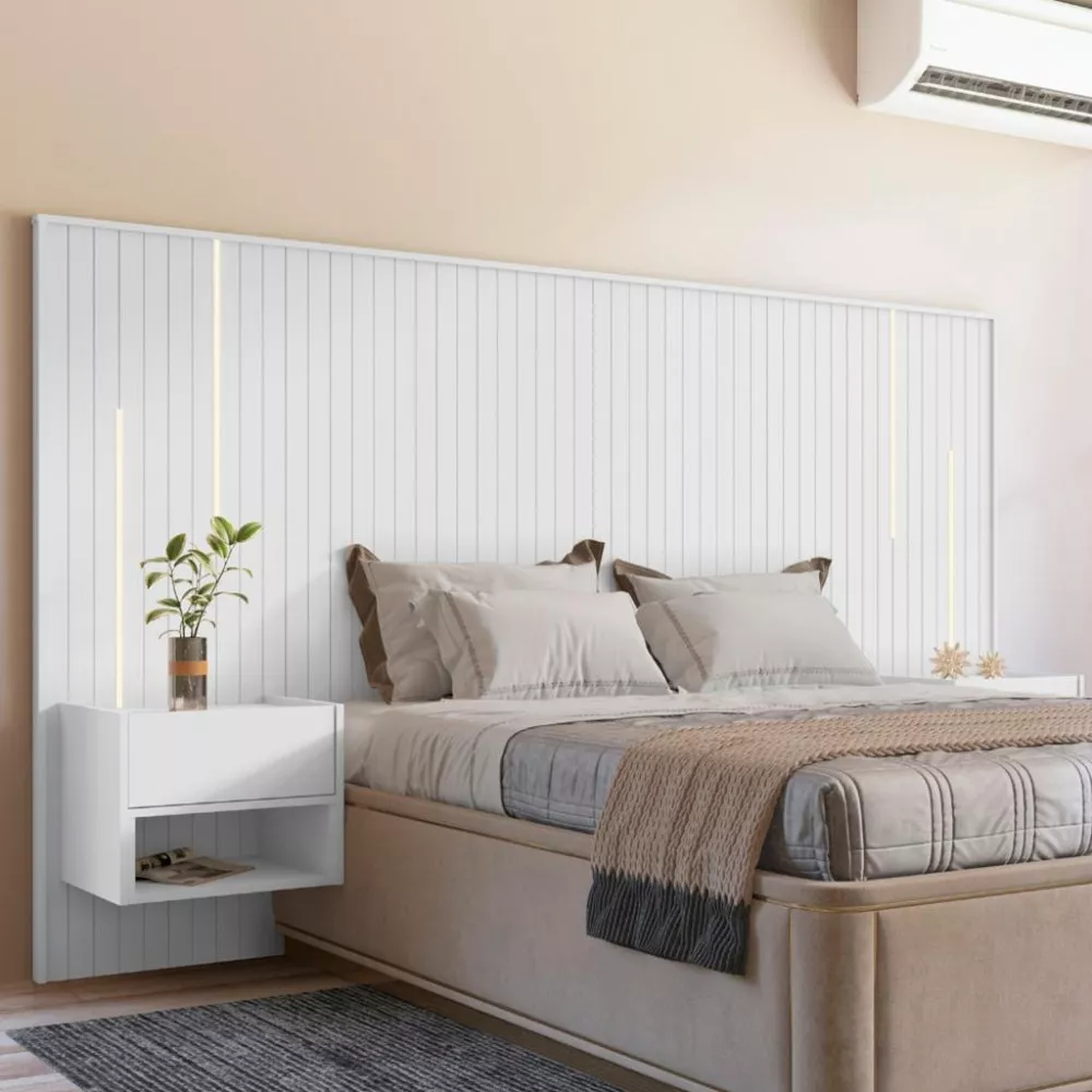 Cabeceira Frisada LED com Mesa de Apoio Florença Casa D