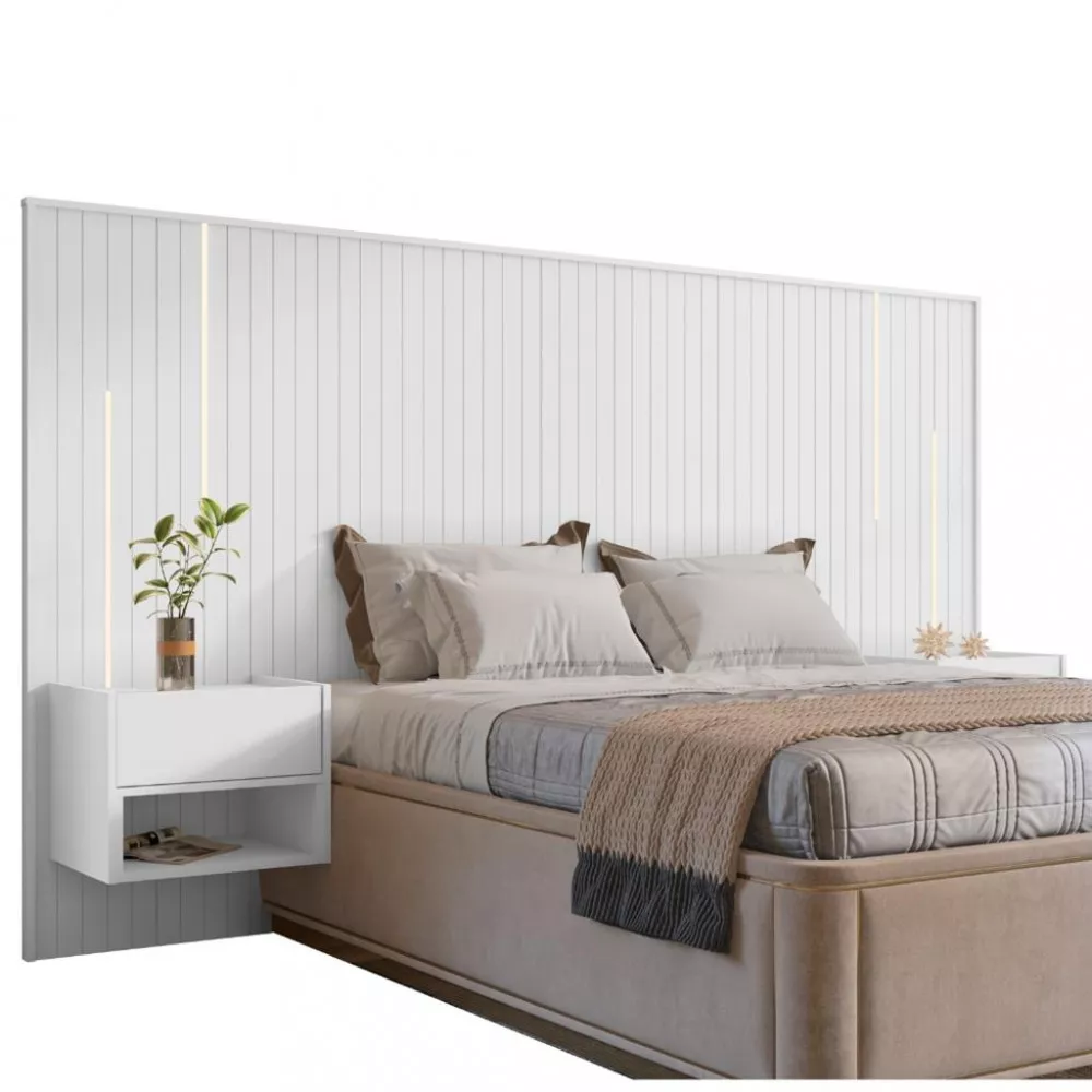 Cabeceira Frisada LED com Mesa de Apoio Florença Casa D