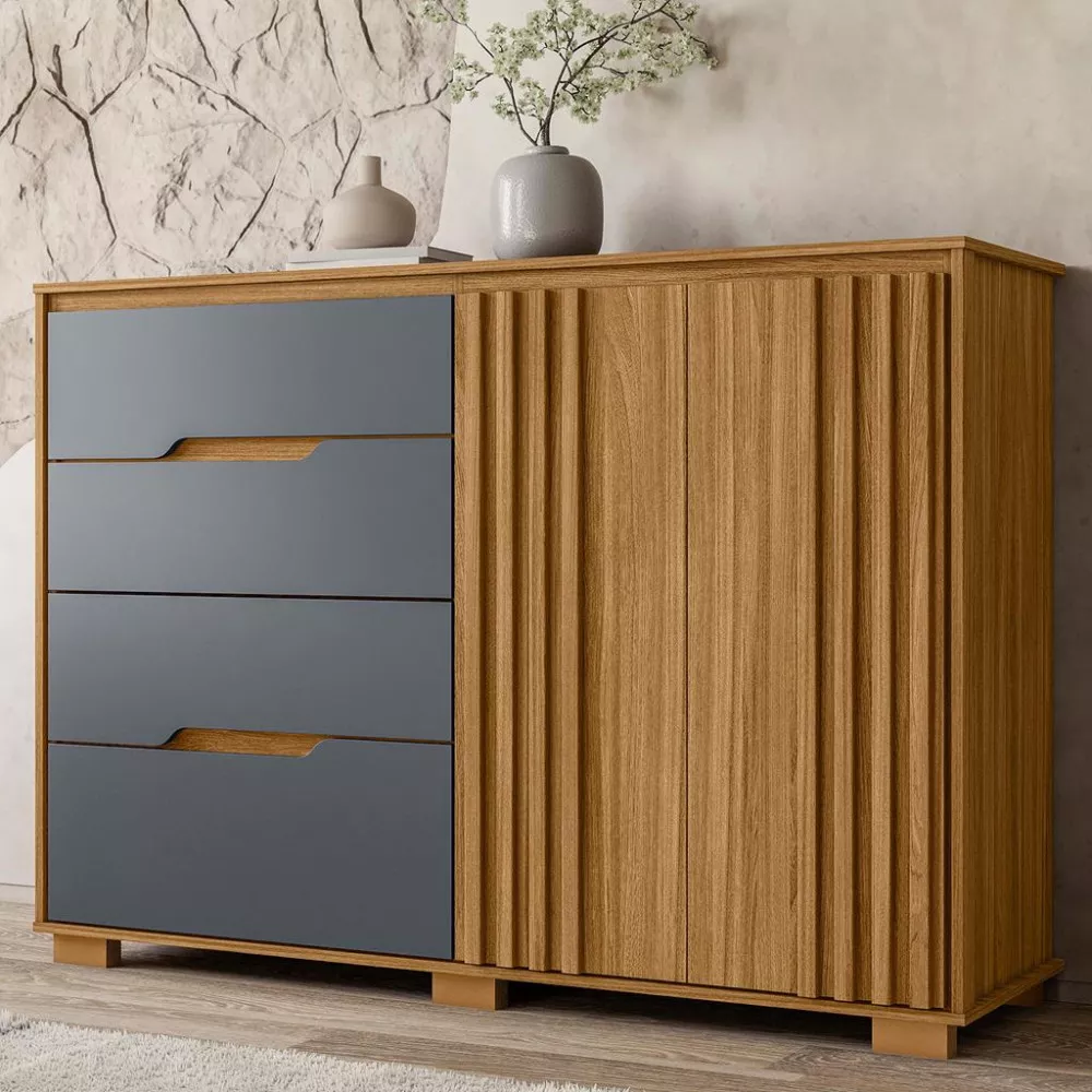 Cômoda Ripada 4 Gavetas 2 Portas com Pés Texas Moval