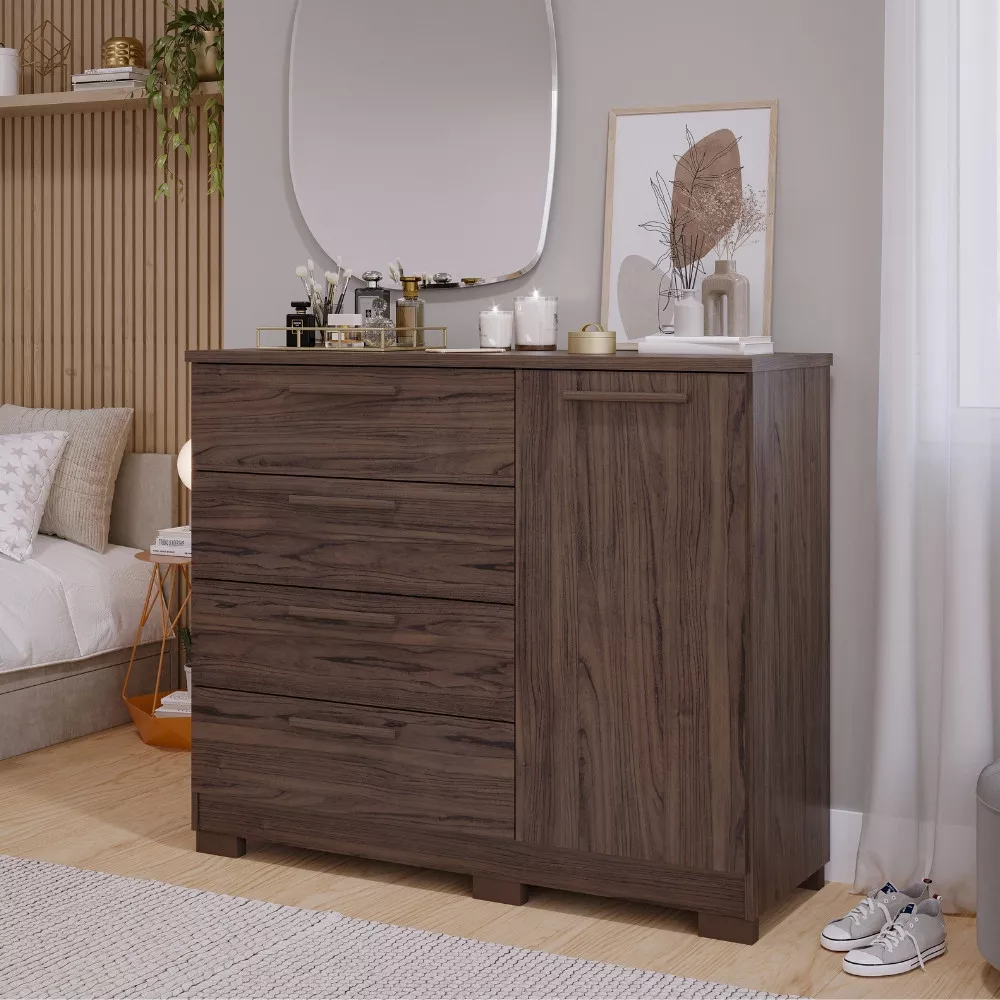 Cômoda 4 Gavetas 1 Porta com Pés 100 MDF Malu Panan