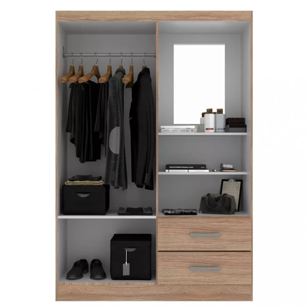 Guarda Roupa Solteiro com Espelho 2 Portas 2 Gavetas Capelinha Evidência Móveis