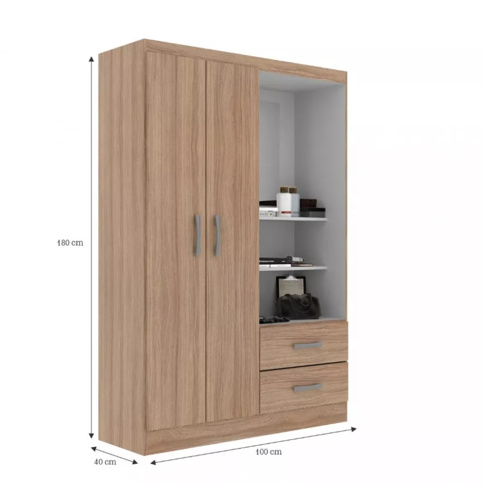 Guarda Roupa Solteiro com Espelho 2 Portas 2 Gavetas Capelinha Evidência Móveis