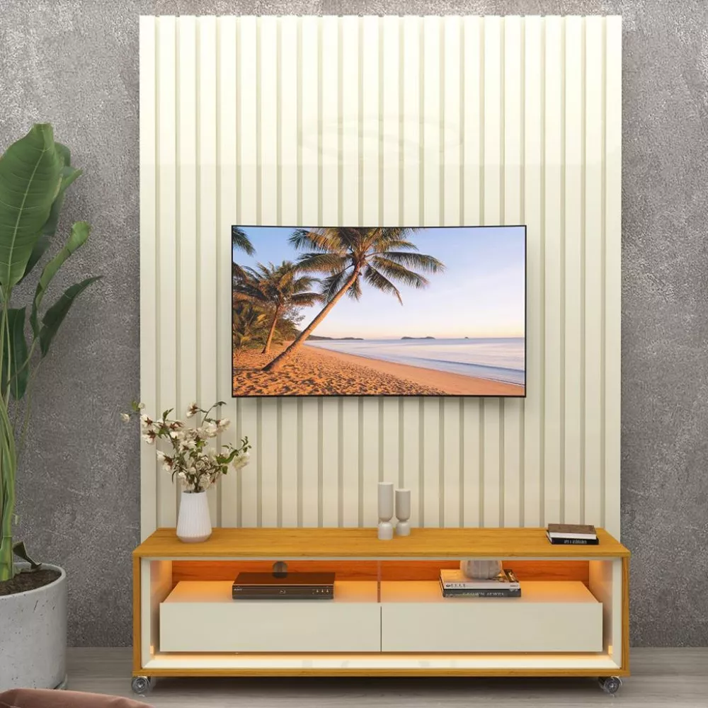 Rack com Painel para TV até 43 Polegadas 2 Gavetas Ripado LED com Rodízios  Nobre Requinte Gelius