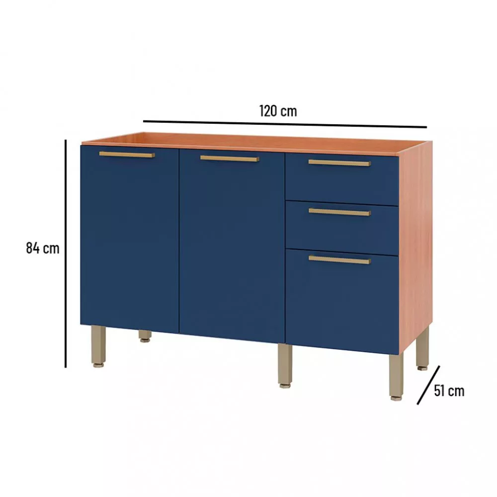 Balcão 2 Portas 3 Gavetas Sem Tampo 120cm Sálvia Telasul
