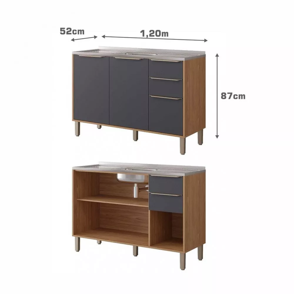 Balcão de Pia 3 Portas 2 Gavetas 120cm sem Pia 100 MDF Diva MGM Móveis