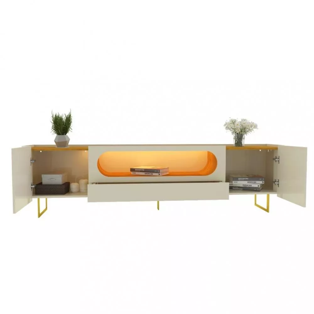 Rack para TV de Até 85 Polegadas 2 Portas 1 Gaveta com Pés de Ferro Led Nobre Gelius