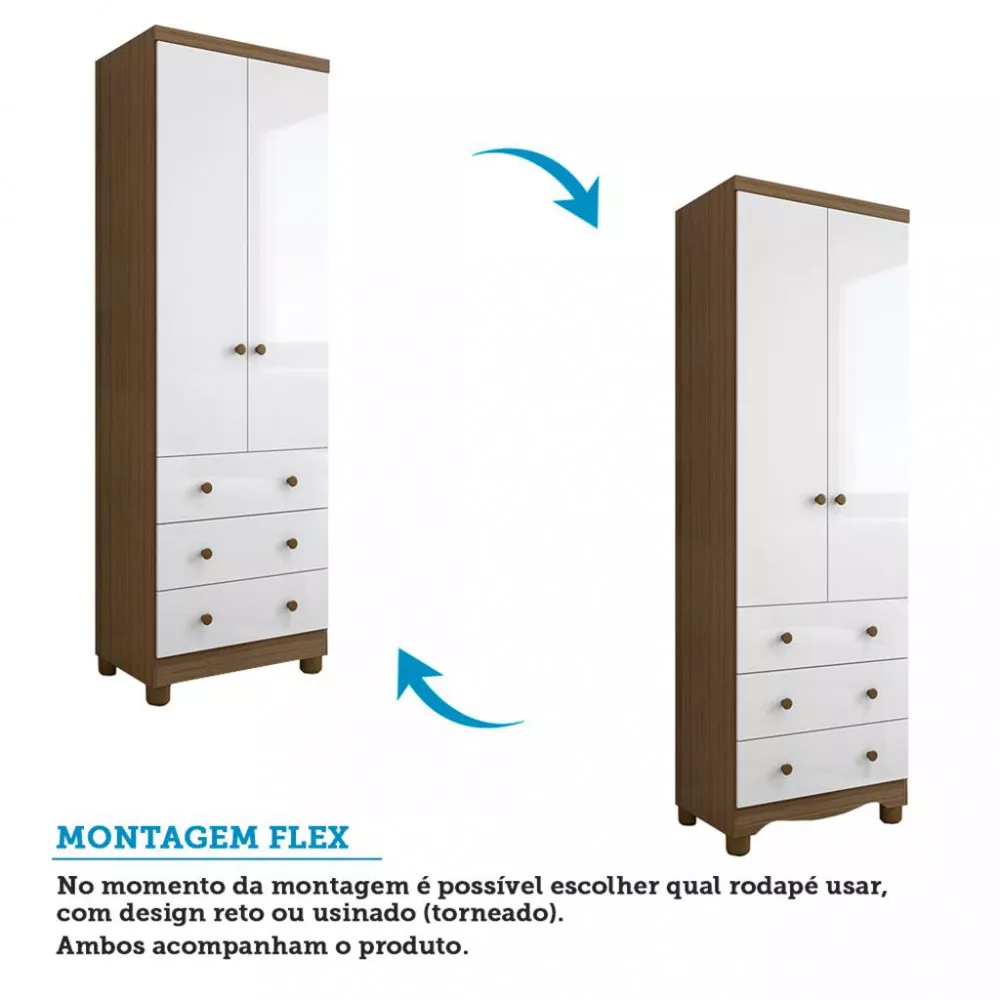 Guarda Roupa Infantil 2 Portas 3 Gavetas com Pés 100 MDF Júnior New Móveis Peroba