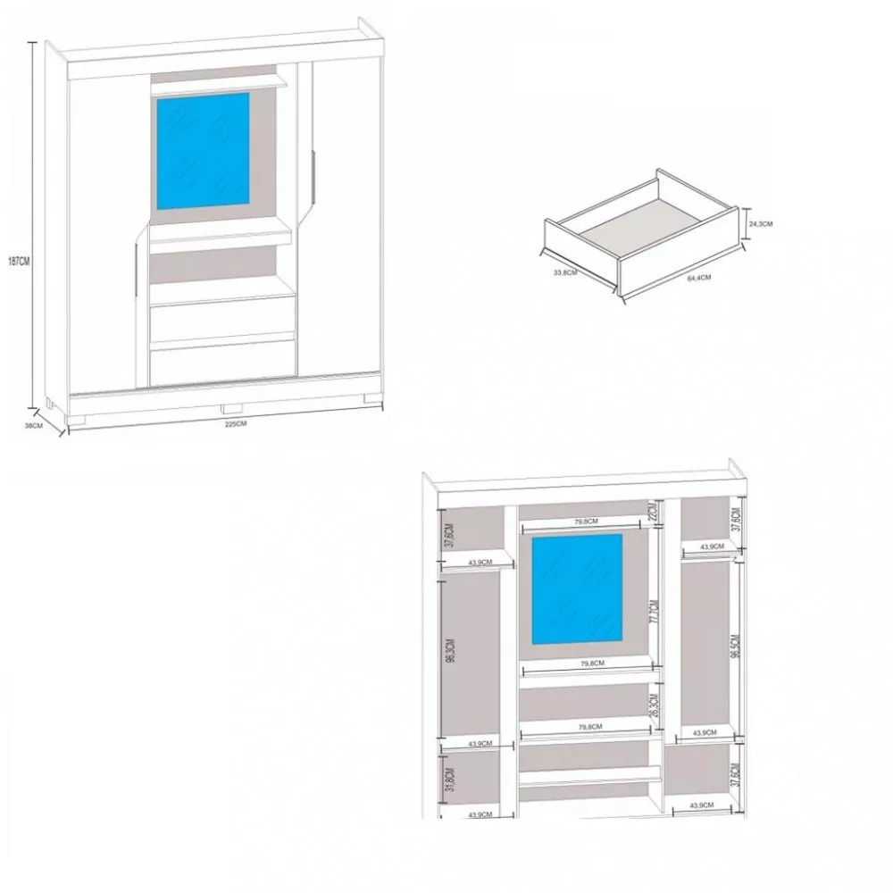 Guarda Roupa Casal com espelho 2 Portas 2 Gavetas Belém Atualle