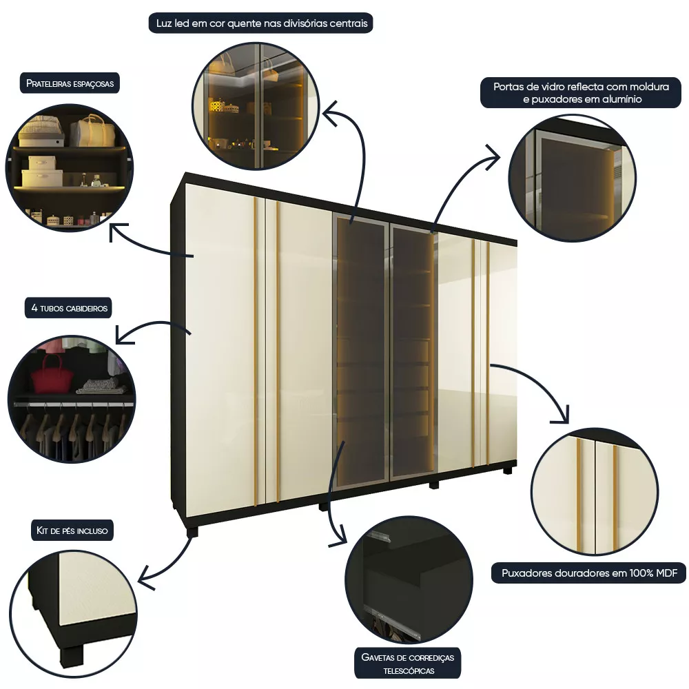 Guarda Roupa Casal LED com Vidro Reflecta 6 Portas 100 MDF Absolut Gelius