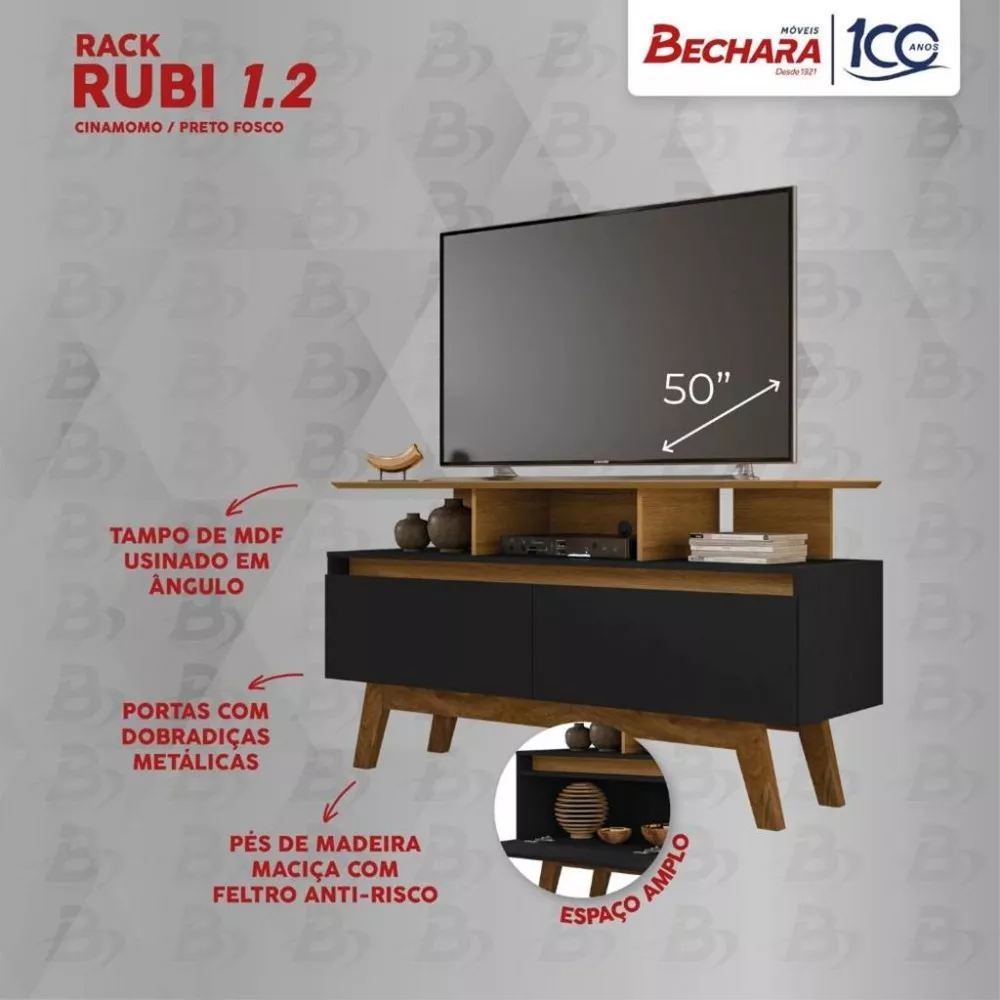 Rack para TV até 50 Polegadas 2 Portas com Pés de Madeira Rubi 1.2 Bechara