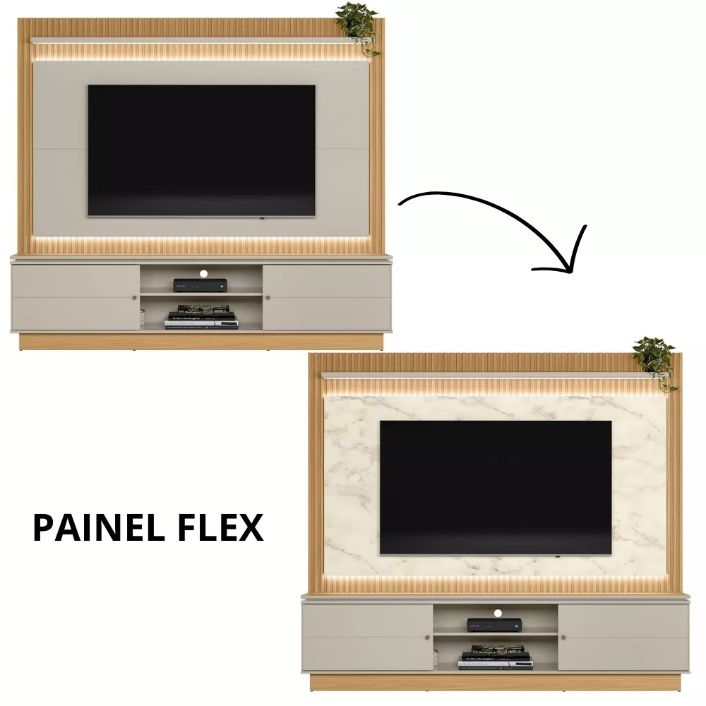 Estante Home Ripada para TV até 75 Polegadas Flex com LED 2 Portas de Correr Guararapes Linea Brasil