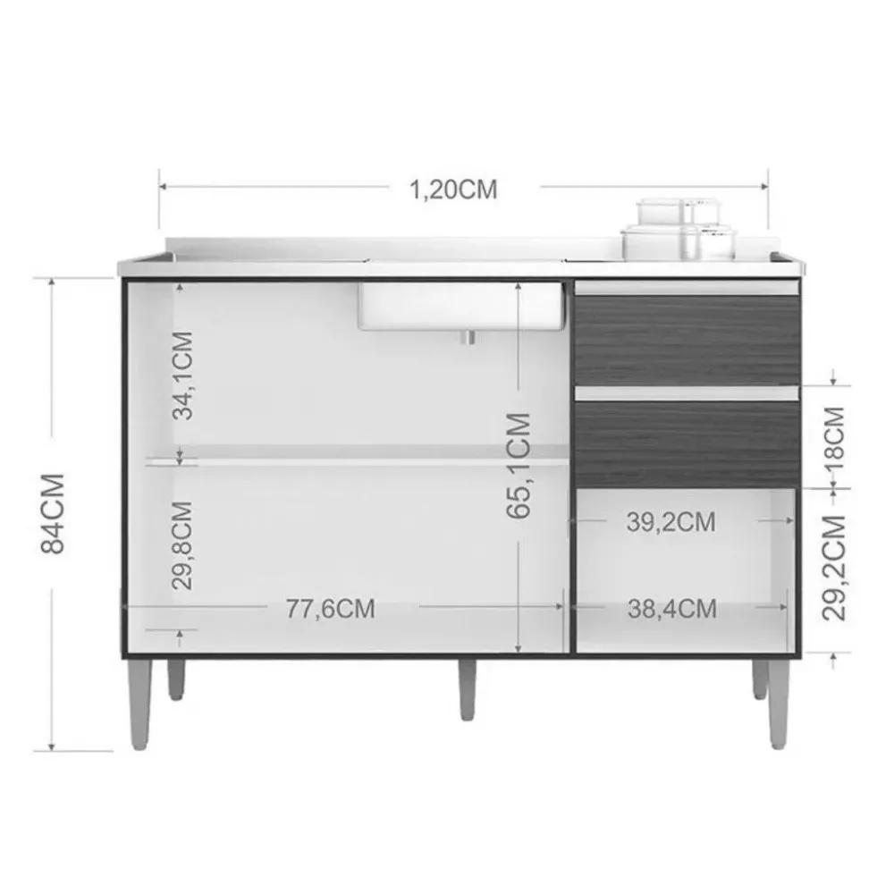 Balcão de Pia 3 Portas 2 Gavetas 120cm sem Pia Aline Poquema