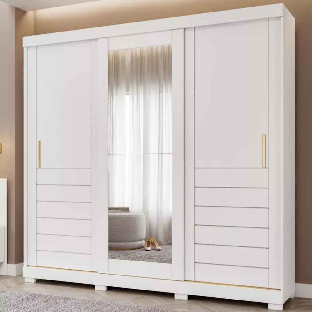 Guarda Roupa Casal com Espelho e Pés 3 Portas de Correr 100 MDF Cecilia Slide Panan