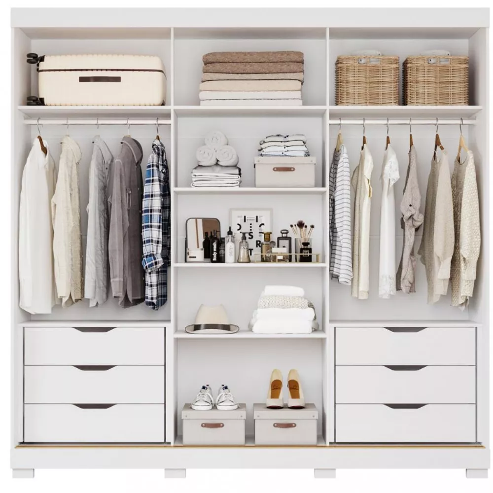 Guarda Roupa Casal com Espelho e Pés 3 Portas de Correr 100 MDF Cecilia Slide Panan