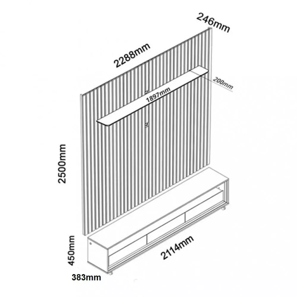 Rack com Painel para TV de Até 85 Polegadas 3 Gavetas 230cm Rodízios Nobre Requinte Gelius