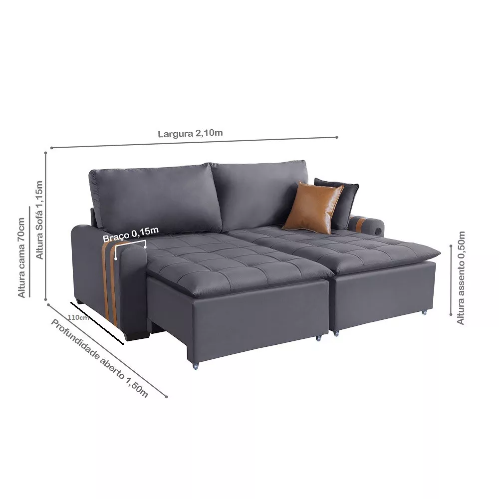 Sofá Cama 210cm Veludo Com USB Pietra Ventricci Conforto