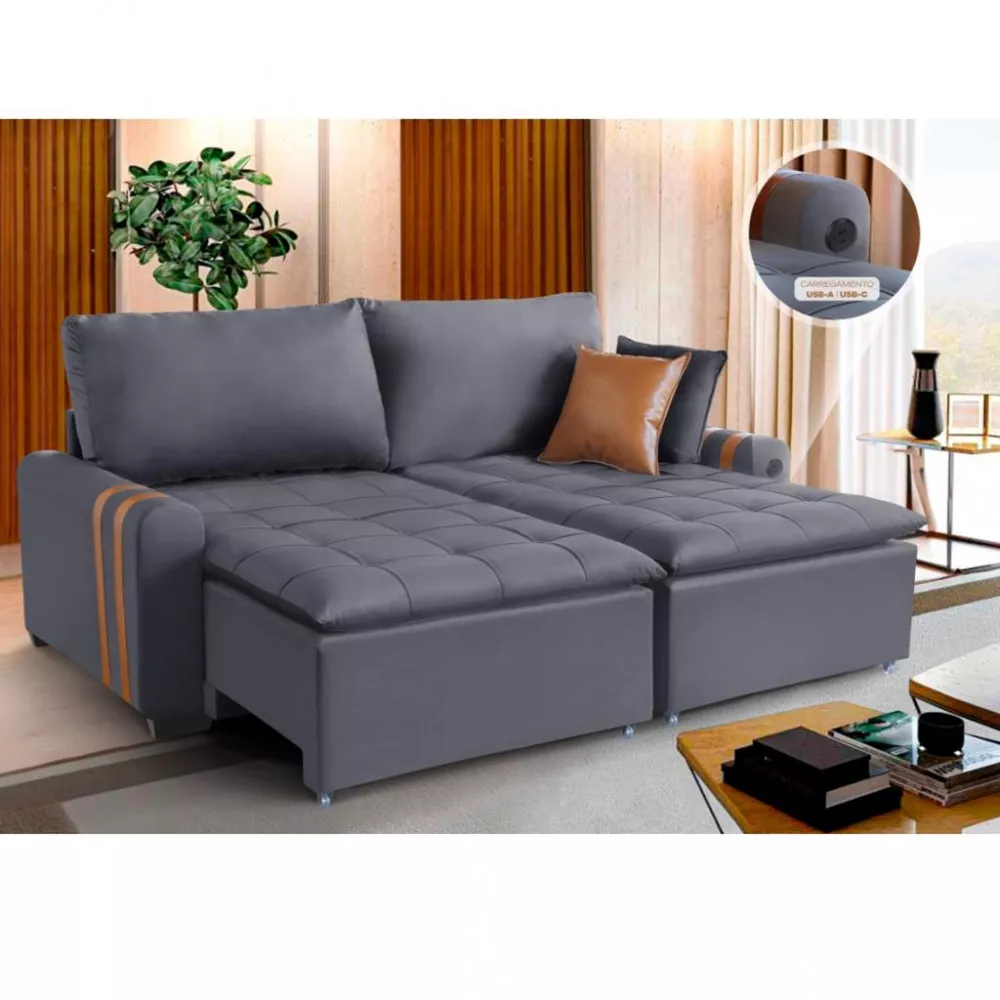 Sofá Cama 210cm Veludo Com USB Pietra Ventricci Conforto