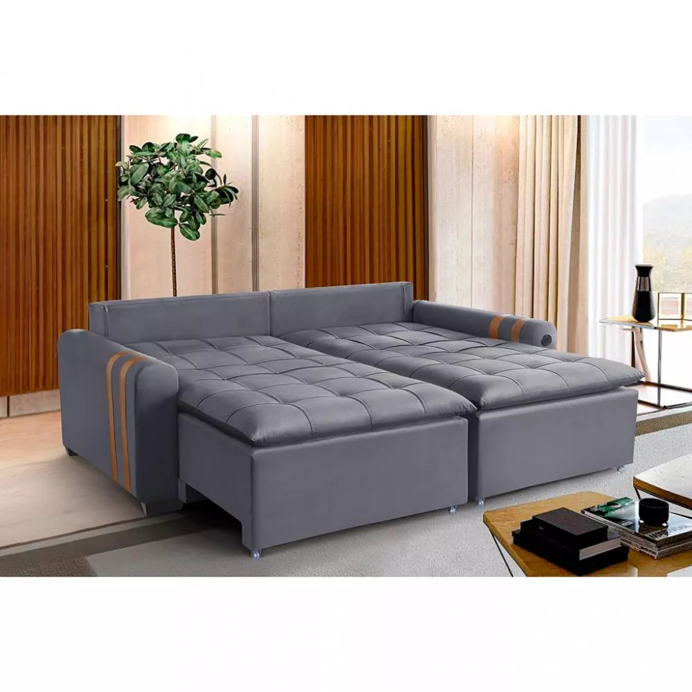 Sofá Cama 210cm Veludo Com USB Pietra Ventricci Conforto