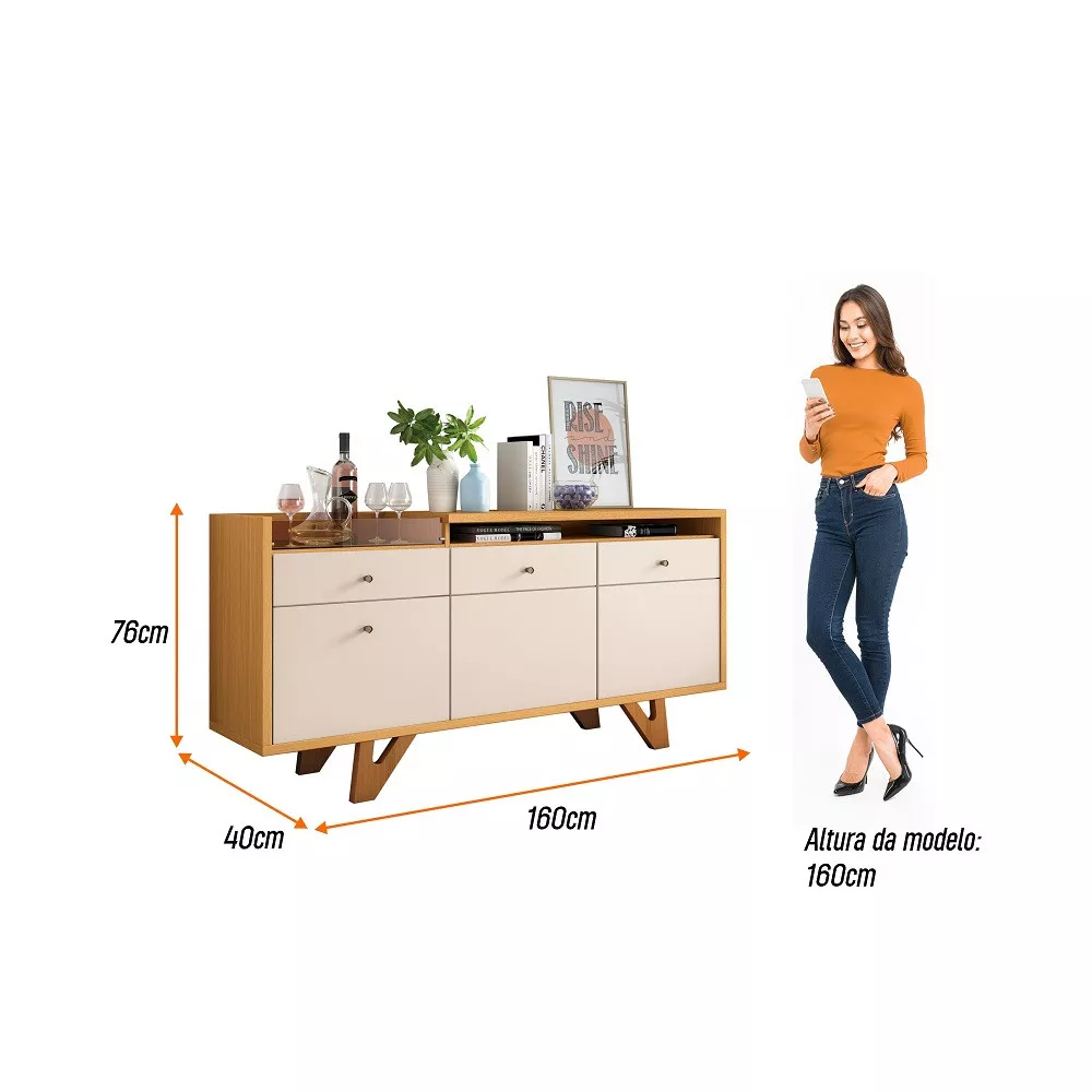 Aparador Buffet Frisado 2 Portas 2 Gavetas com Espelho Vidro Reflecta e Pés de Madeira Sollare HB Móveis