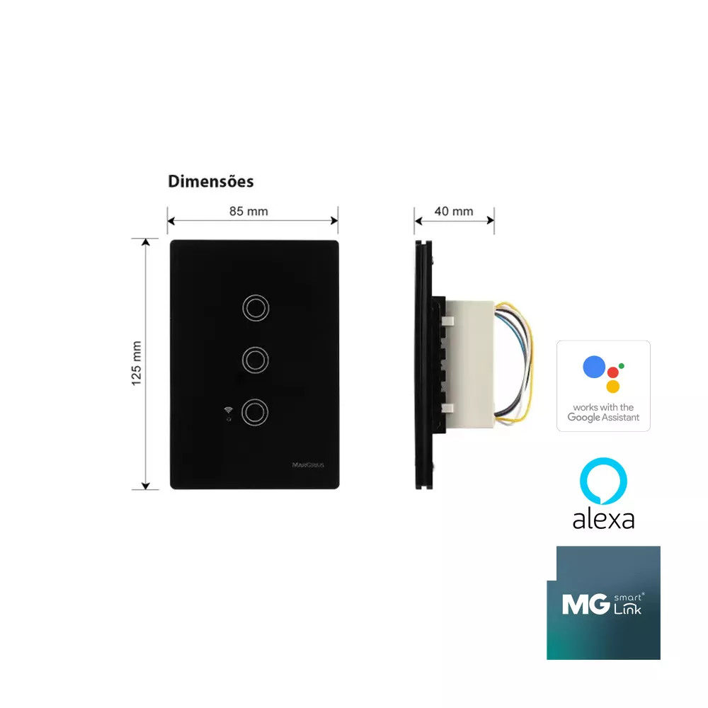 Interruptor inteligent touch 3 Tecla Smart link Preto 22096 Margirius