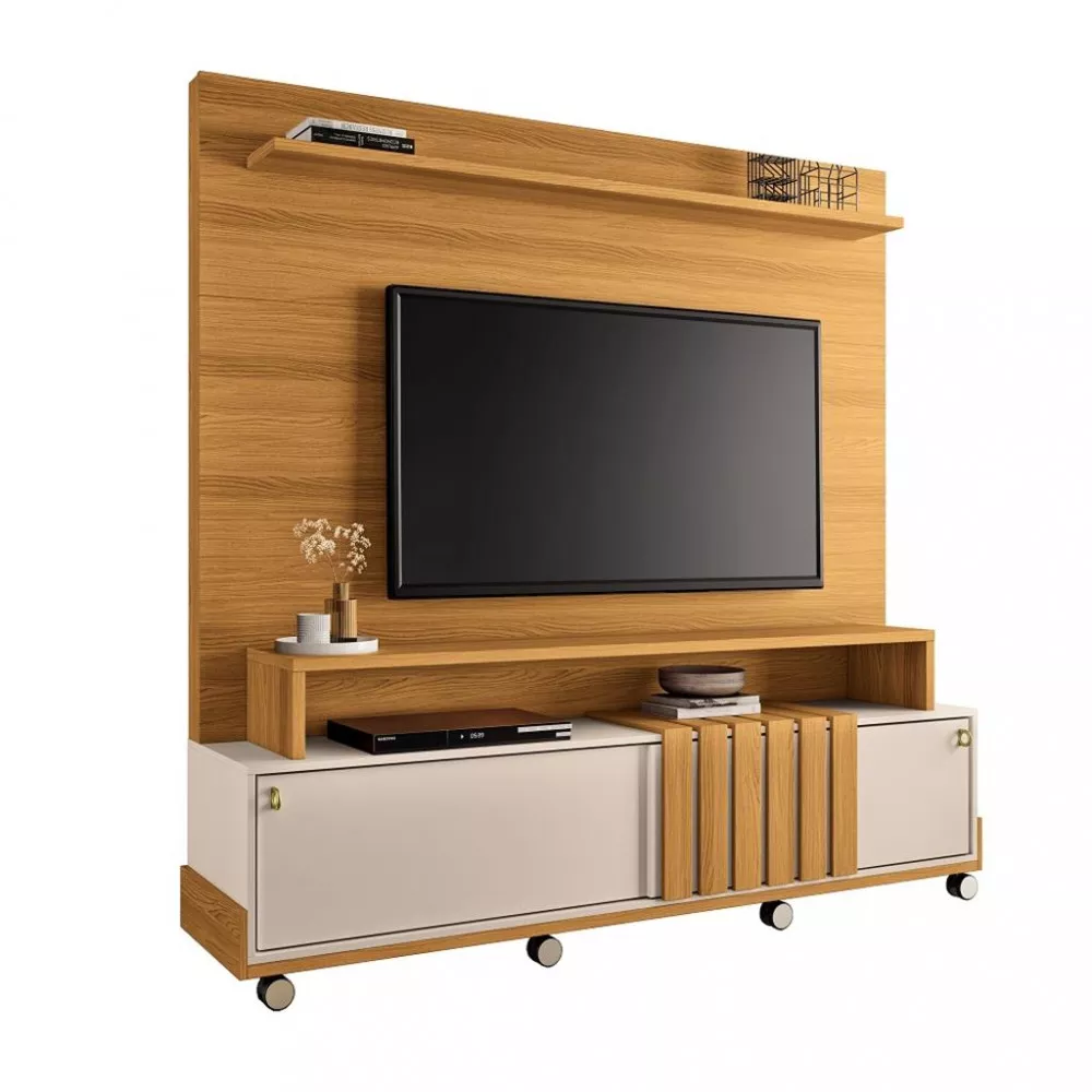 Estante Home para TV até 65 Polegadas 2 Portas Ripado com Rodízios Bold HB Móveis