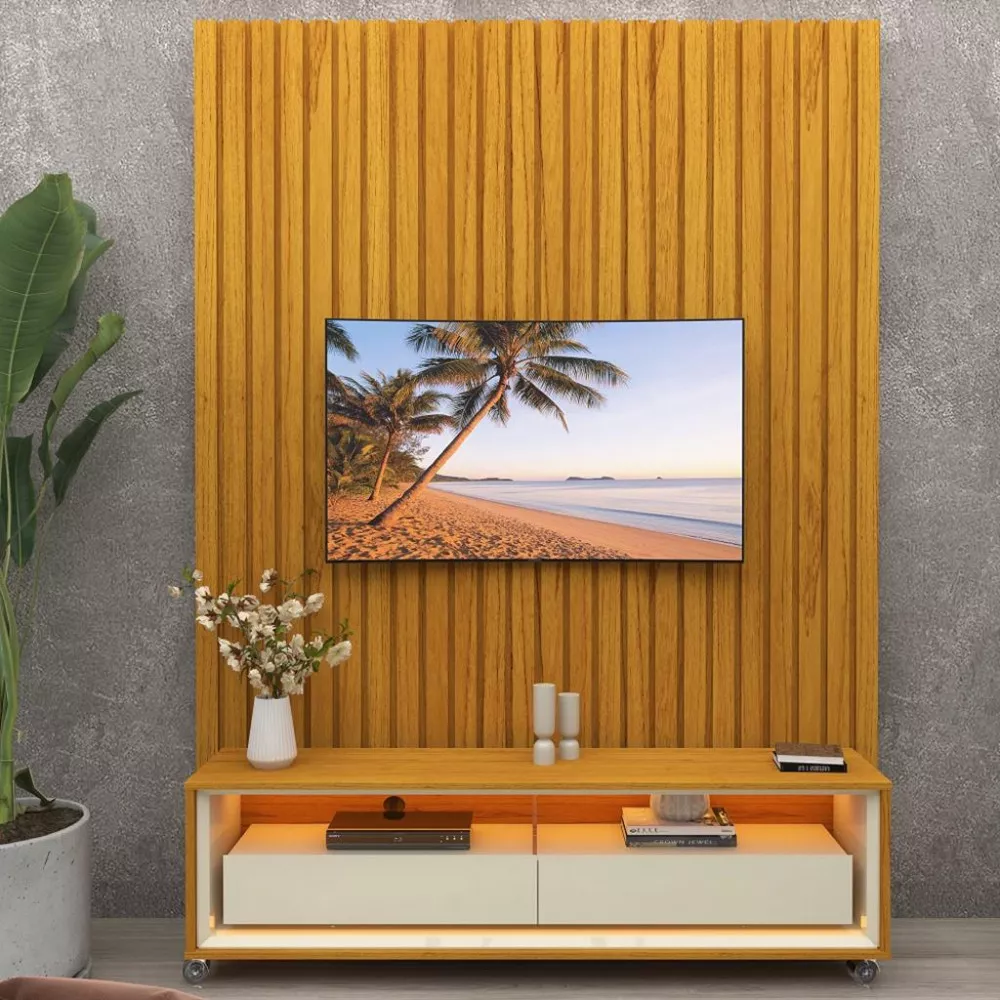 Rack com Painel para TV até 43 Polegadas 2 Gavetas Ripado LED com Rodízios  Nobre Requinte Gelius