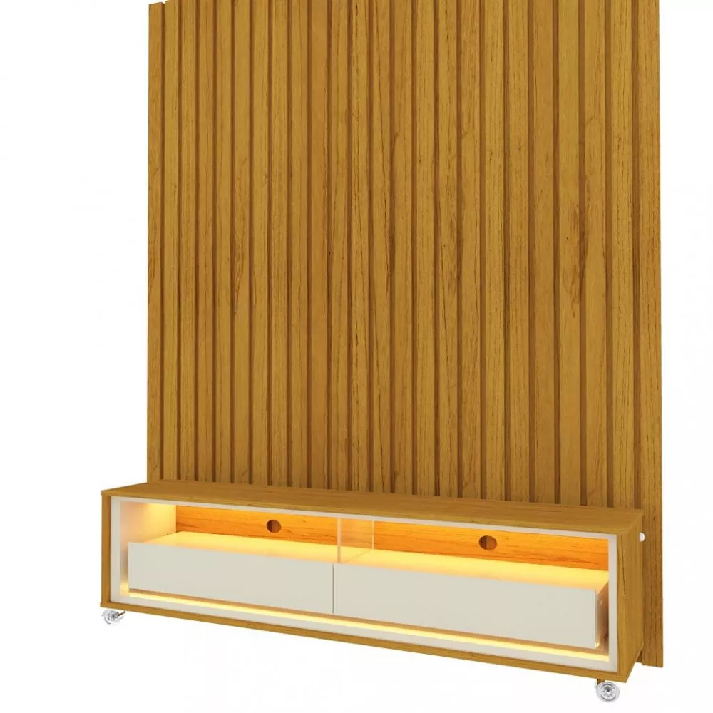 Rack com Painel para TV até 43 Polegadas 2 Gavetas Ripado LED com Rodízios  Nobre Requinte Gelius