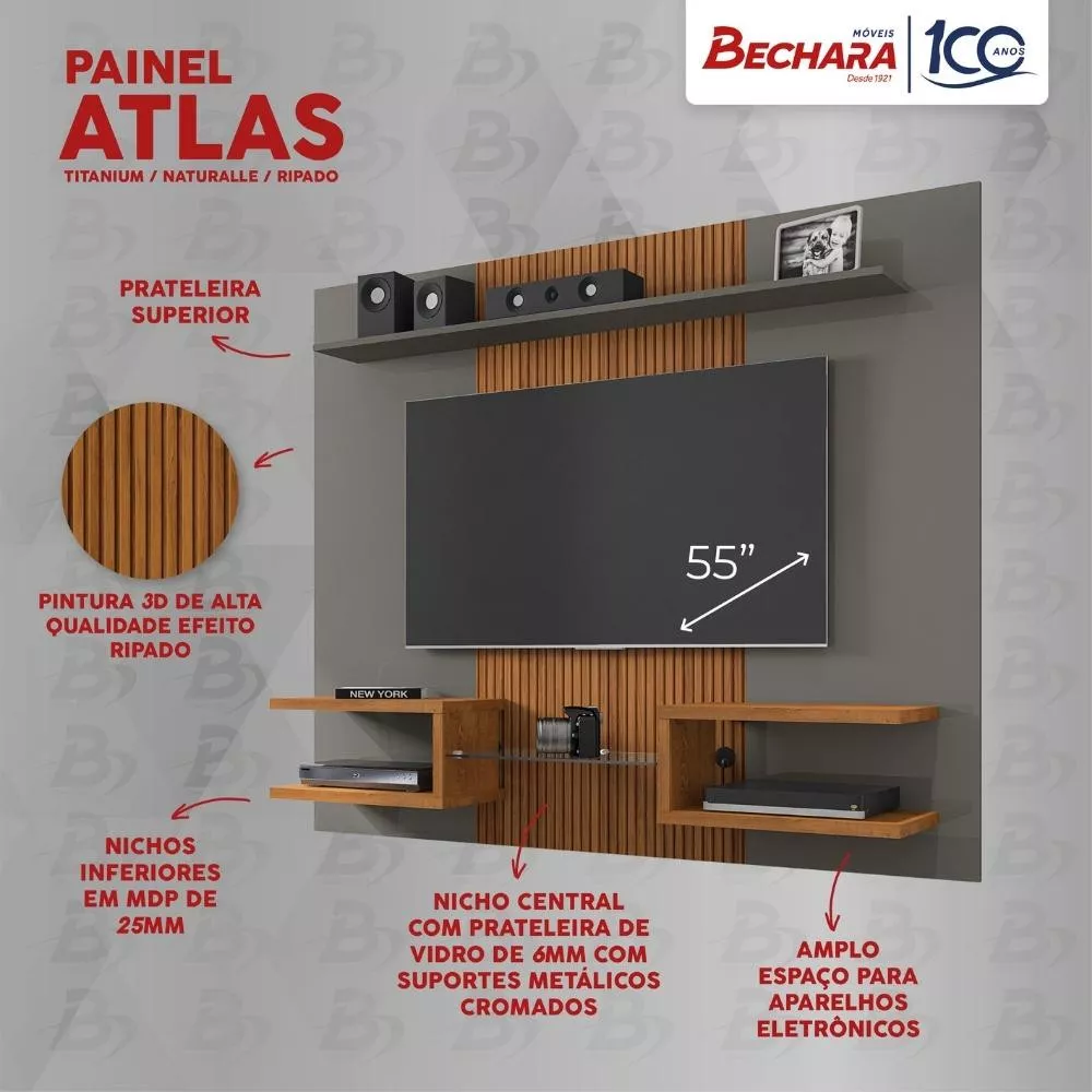 Painel para TV até 55 Polegadas com Prateleira de Vidro Pintura 3D Atlas Bechara